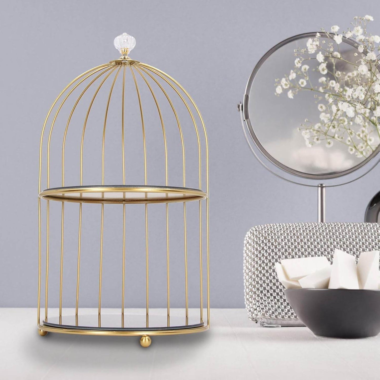 Birdcage-Style Double Layer Metal Vanity Storage Rack – Space-Saving Organizer for Vanity, Bathroom, Countertop & Dressing Table - Trendhub Pakistan