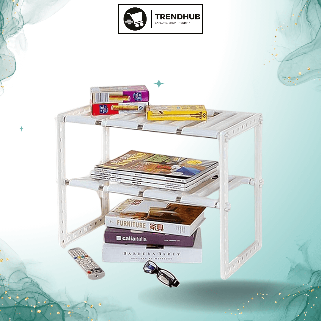 Stainless Steel Storage Organizer Adjustable Kitchen Rack Holder, White, Tabletop, Countertop, Plastic Shelves - Trendhub Pakistan