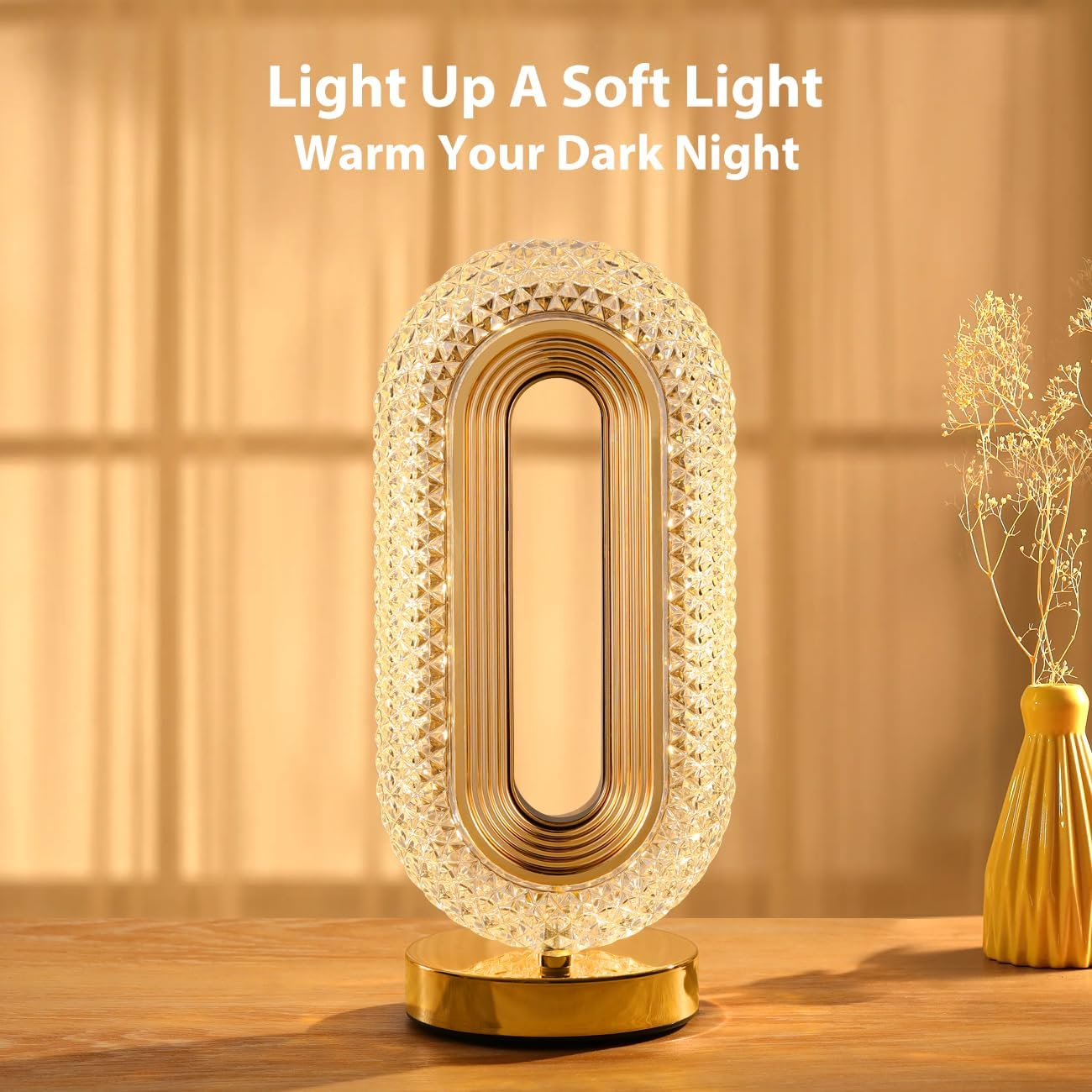 Crystal Table Lamp - Oval Rechargeable Night Light with USB Port