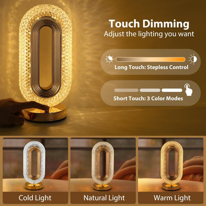 Crystal Table Lamp - Oval Rechargeable Night Light with USB Port