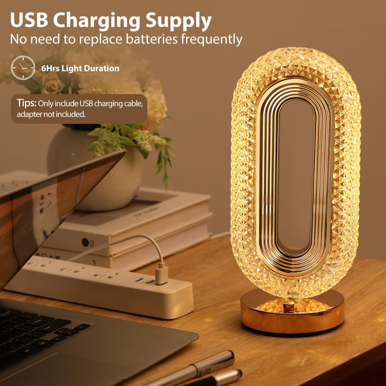 Crystal Table Lamp - Oval Rechargeable Night Light with USB Port