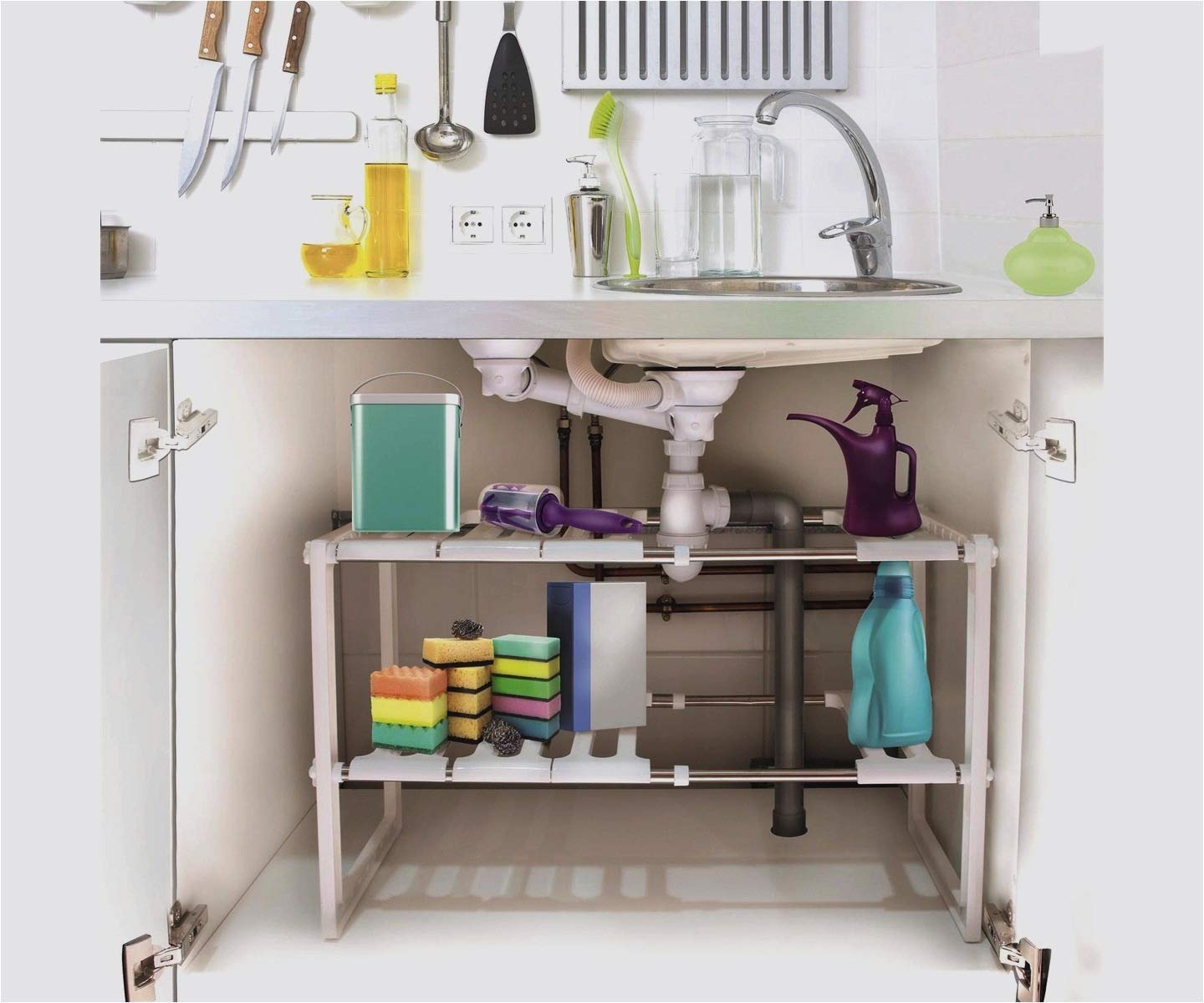 Stainless Steel Storage Organizer Adjustable Kitchen Rack Holder, White, Tabletop, Countertop, Plastic Shelves