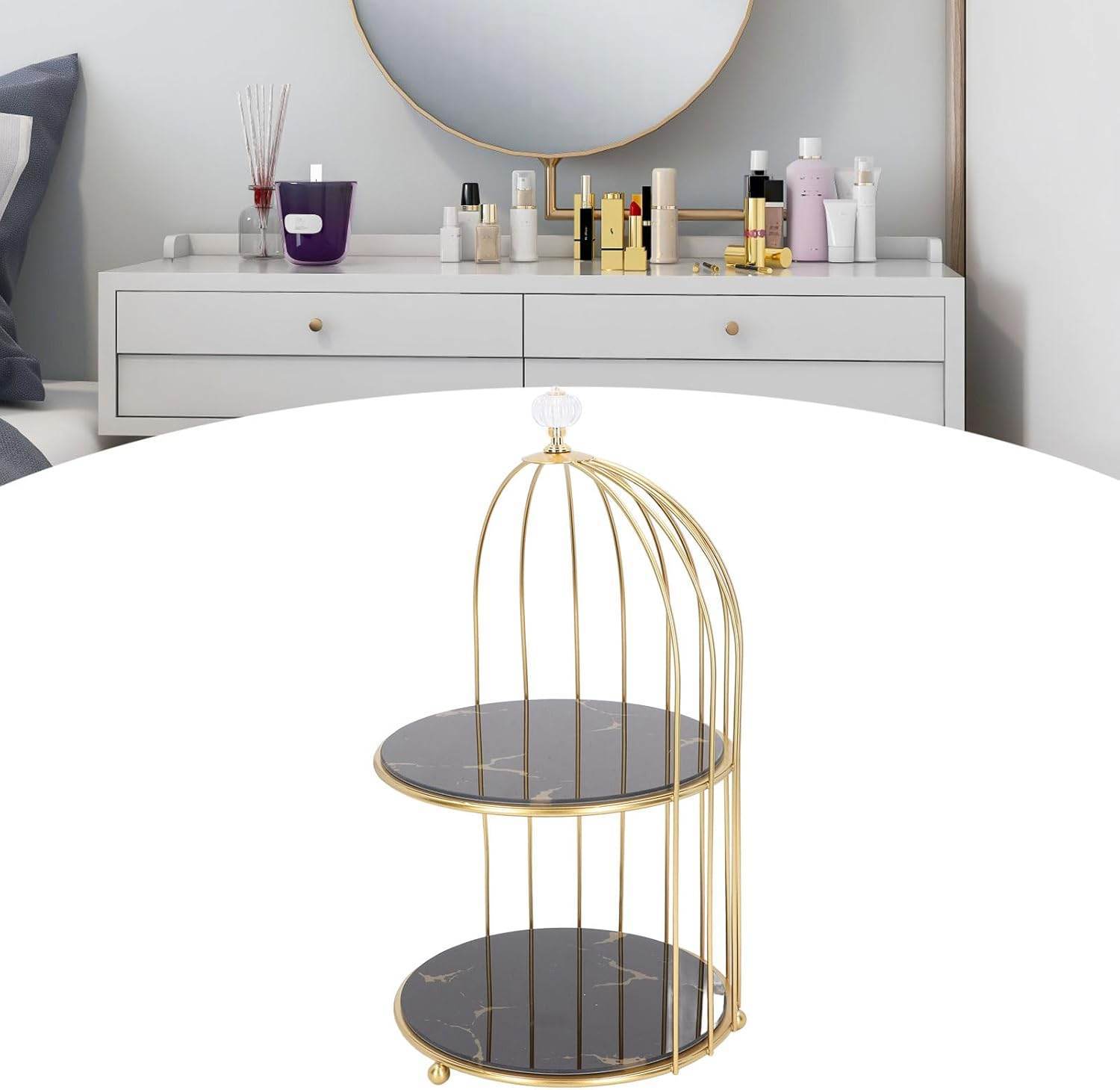 Birdcage-Style Double Layer Metal Vanity Storage Rack – Space-Saving Organizer for Vanity, Bathroom, Countertop & Dressing Table - Trendhub Pakistan
