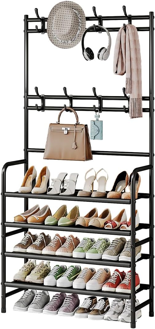 5-Tier Coat and Shoe Rack with Storage Shelf & 8 Hooks – Freestanding Organizer for Entryway & Bedroom