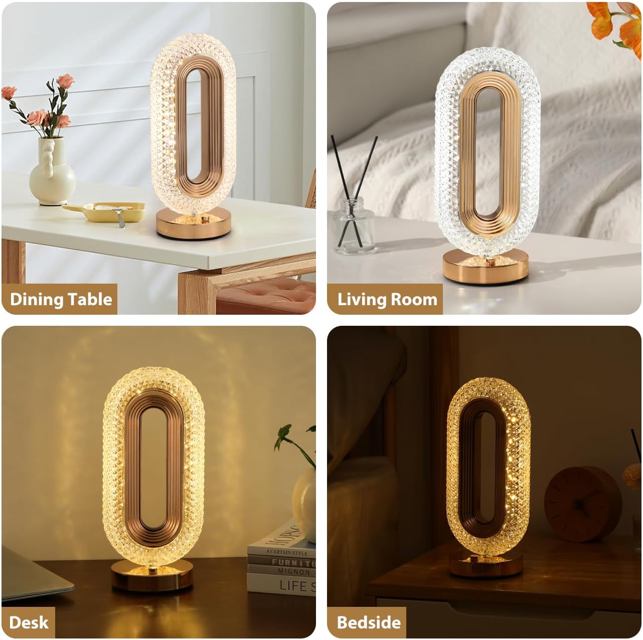 Crystal Table Lamp - Oval Rechargeable Night Light with USB Port