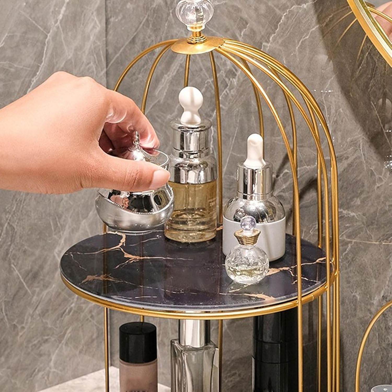 Birdcage-Style Double Layer Metal Vanity Storage Rack – Space-Saving Organizer for Vanity, Bathroom, Countertop & Dressing Table - Trendhub Pakistan