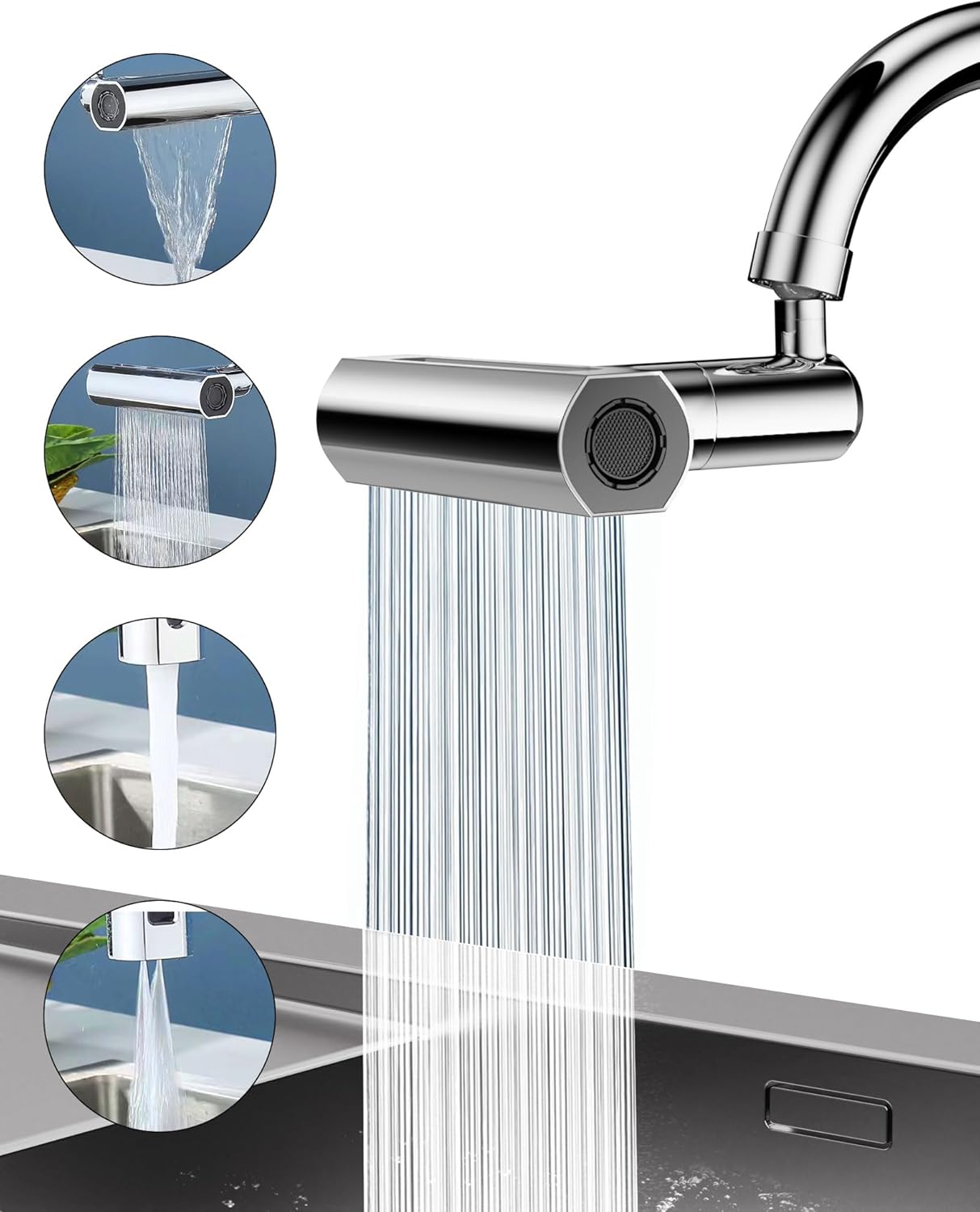 4 in 1 Waterfall Kitchen Faucet, 360°Swivel Faucet