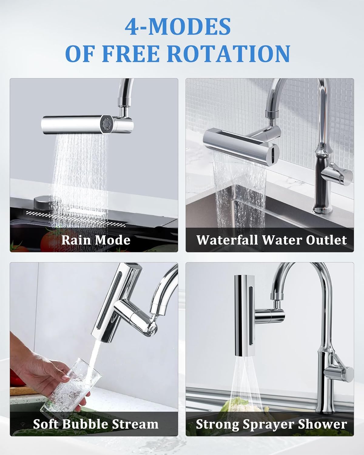 4 in 1 Waterfall Kitchen Faucet, 360°Swivel Faucet