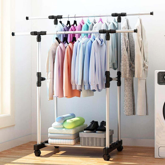 Premium Double Pole Stainless Steel Clothing Rack with Wheels