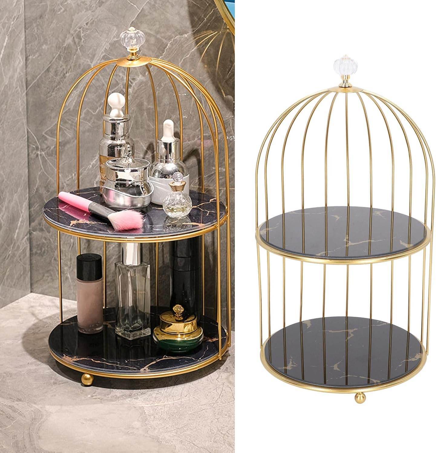 Birdcage-Style Double Layer Metal Vanity Storage Rack – Space-Saving Organizer for Vanity, Bathroom, Countertop & Dressing Table - Trendhub Pakistan