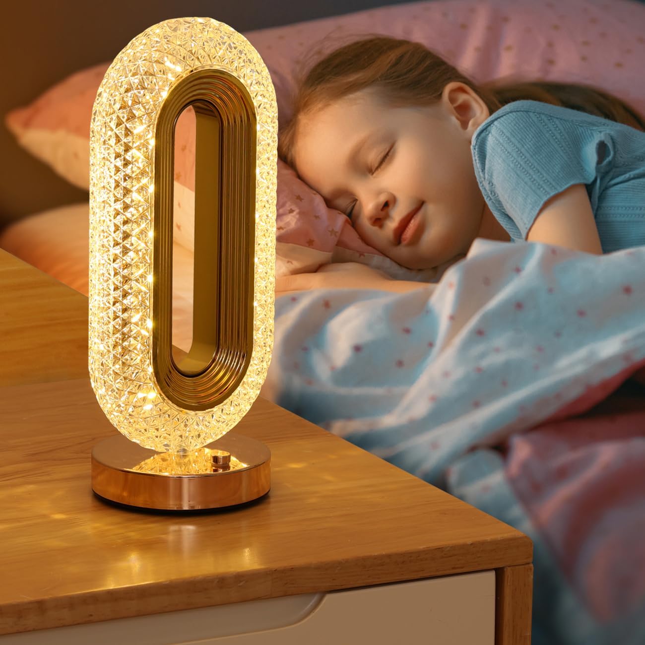 Crystal Table Lamp - Oval Rechargeable Night Light with USB Port