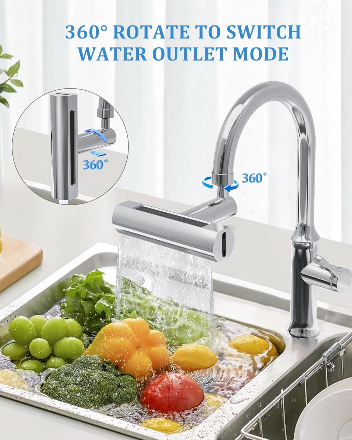 4 in 1 Waterfall Kitchen Faucet, 360°Swivel Faucet