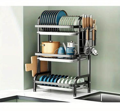 2-Tier & 3-Tier Dish Drying Rack – Large Kitchen Organizer with Holders & Drain Trays - Trendhub Pakistan