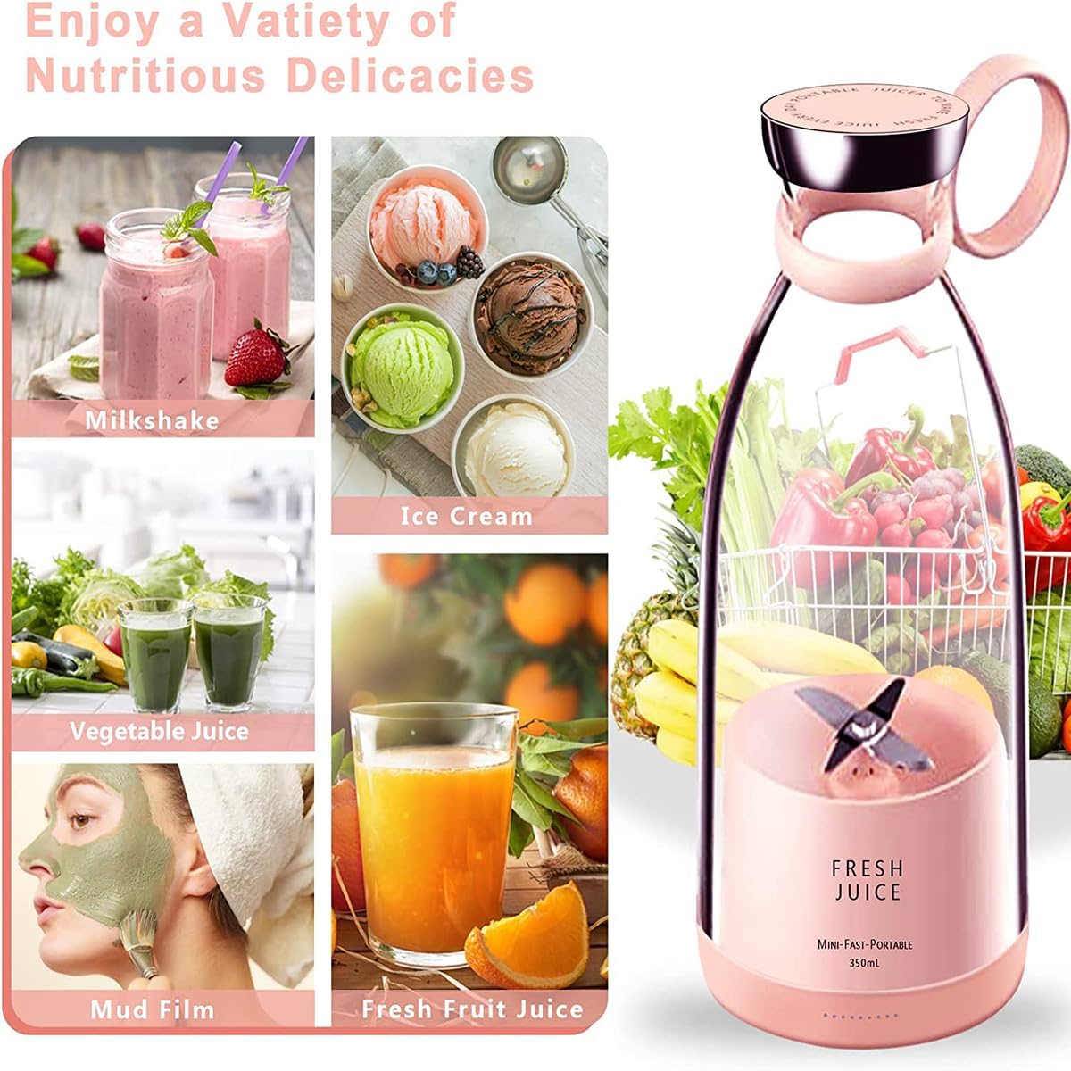 Compact portable blender with 350ml capacity and easy one-button control