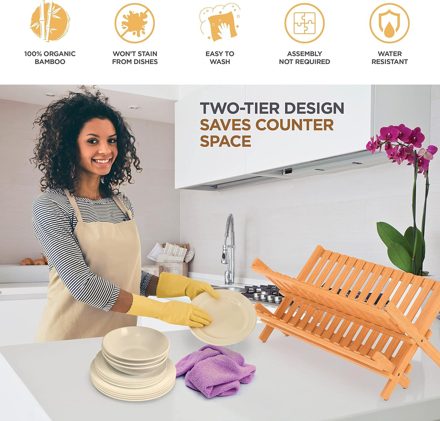 Eco-friendly bamboo dish rack with two-tier design for dishes and cups