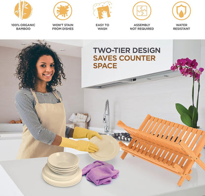 Eco-friendly bamboo dish rack with two-tier design for dishes and cups