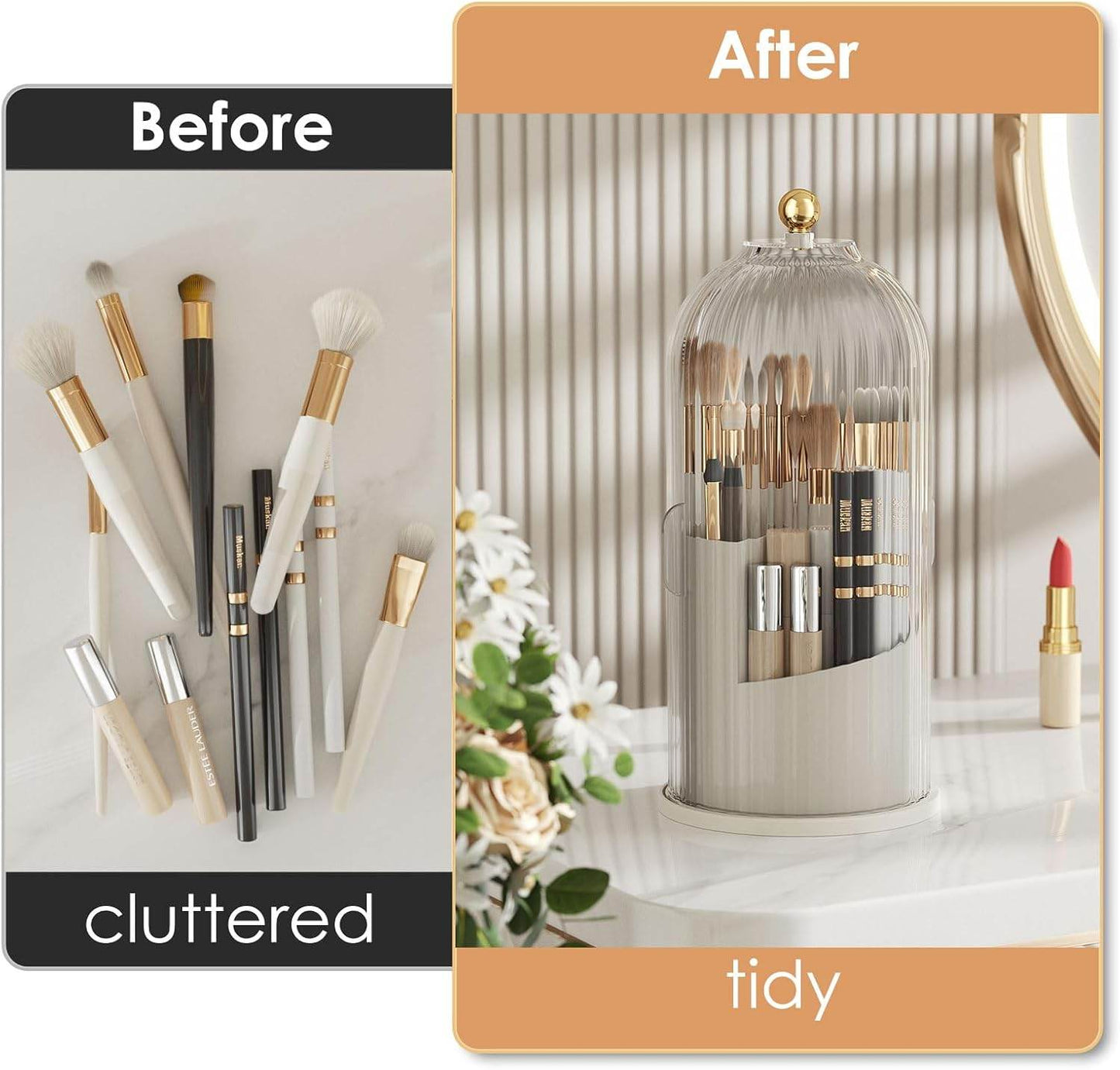 Makeup brush storage with lid and 3 compartments