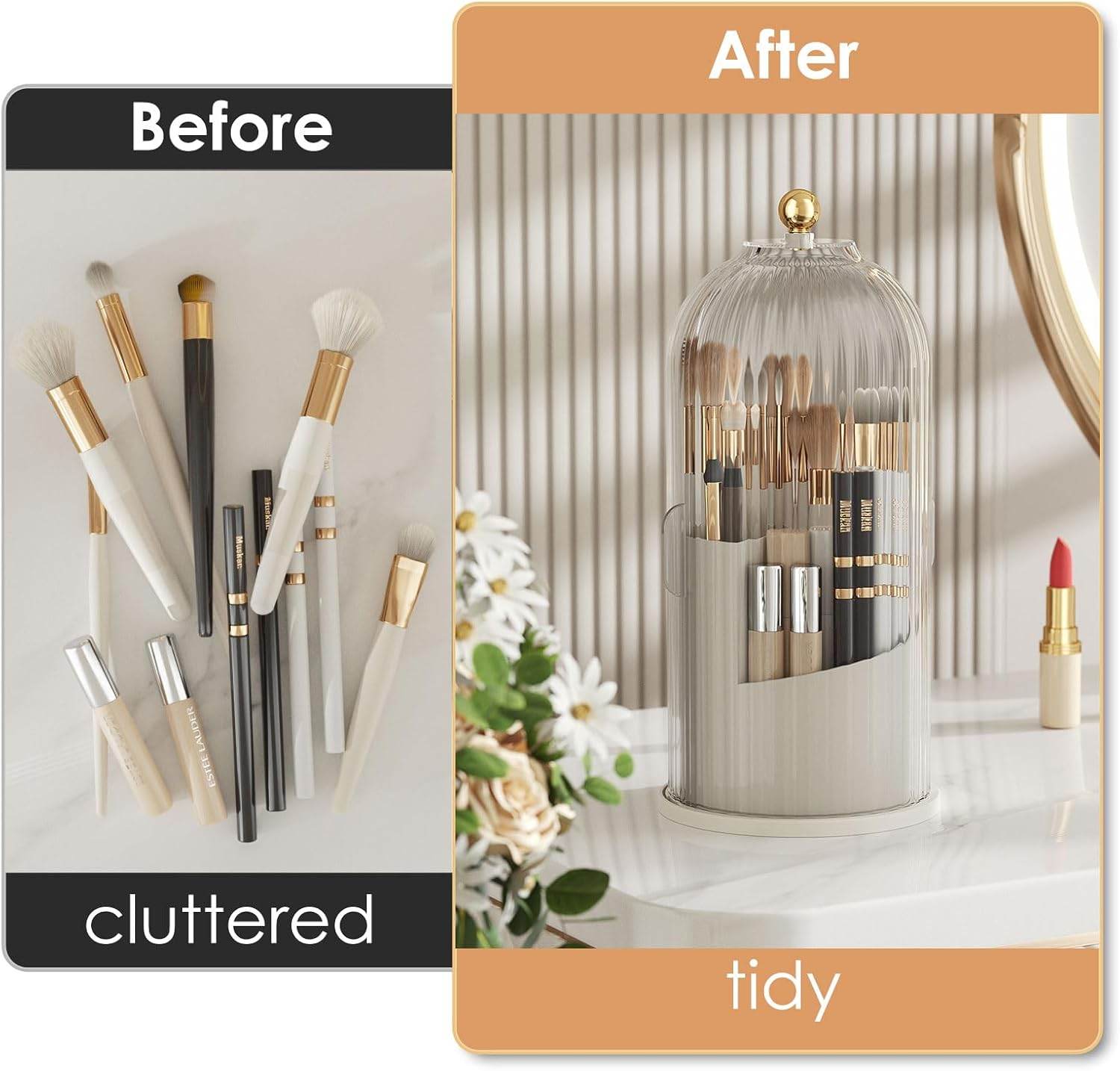 Makeup brush storage with lid and 3 compartments