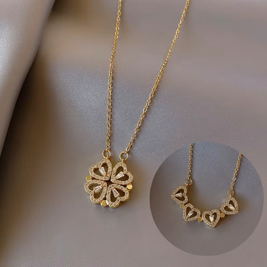 Retro Magnetic Folding Heart - Shaped Four - Leaf Clover Pendant