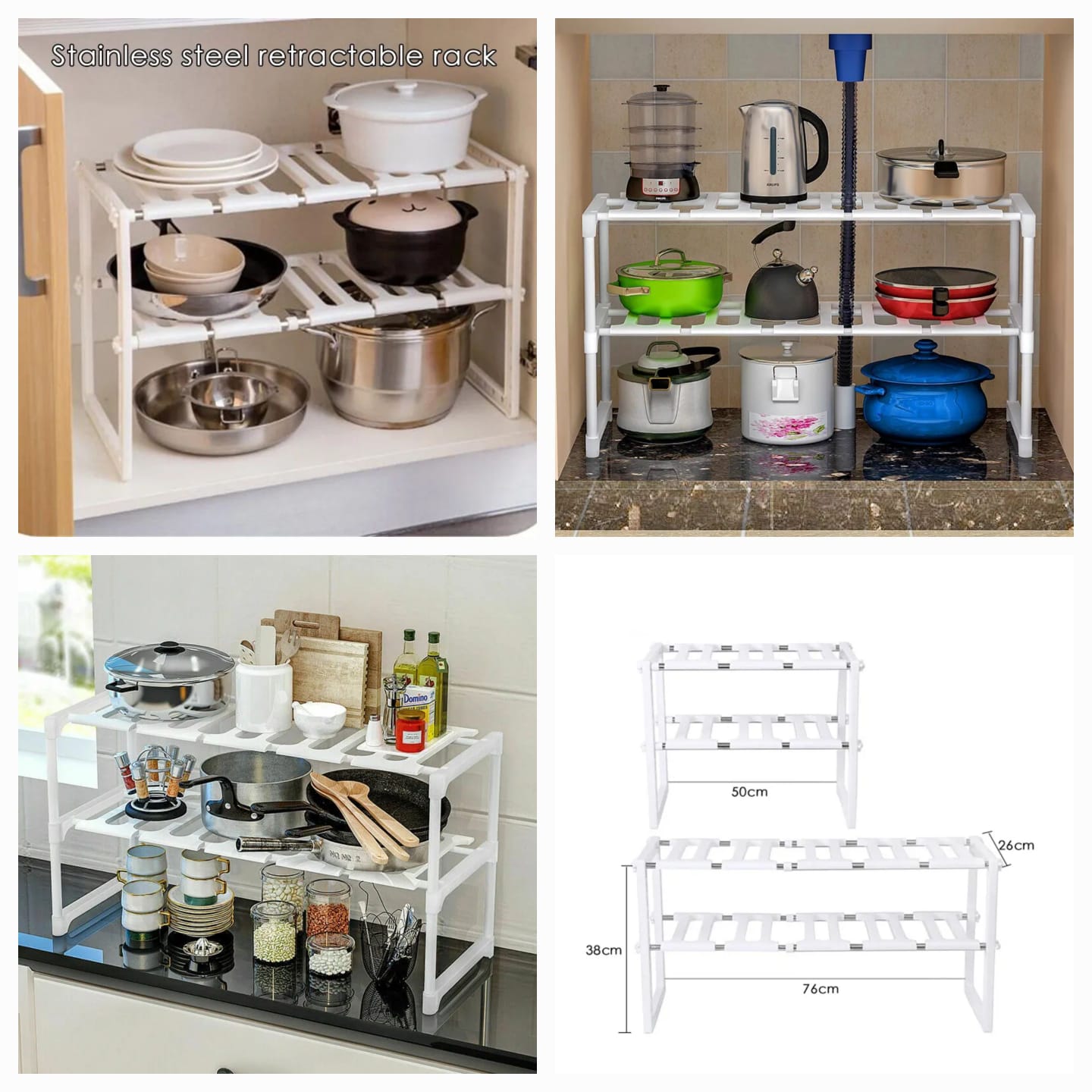 Stainless Steel Storage Organizer Adjustable Kitchen Rack Holder, White, Tabletop, Countertop, Plastic Shelves