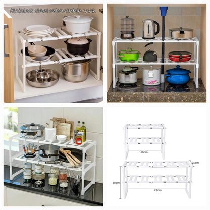 Stainless Steel Storage Organizer Adjustable Kitchen Rack Holder, White, Tabletop, Countertop, Plastic Shelves