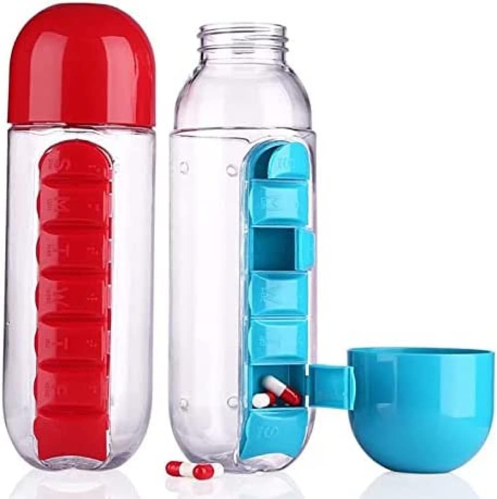 Pill organizer water bottle open compartments for weekly medication planning