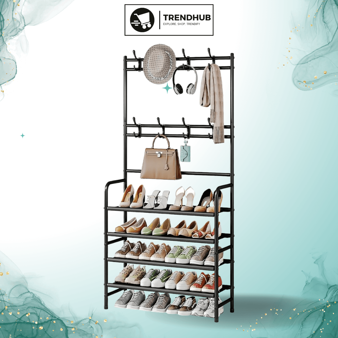 5-Tier Coat and Shoe Rack with Storage Shelf & 8 Hooks – Freestanding Organizer for Entryway & Bedroom - Trendhub Pakistan