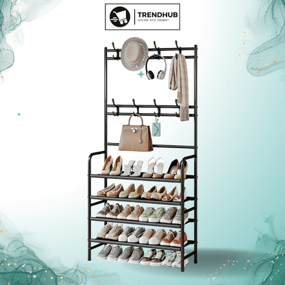 5-Tier Coat and Shoe Rack with Storage Shelf & 8 Hooks – Freestanding Organizer for Entryway & Bedroom - Trendhub Pakistan