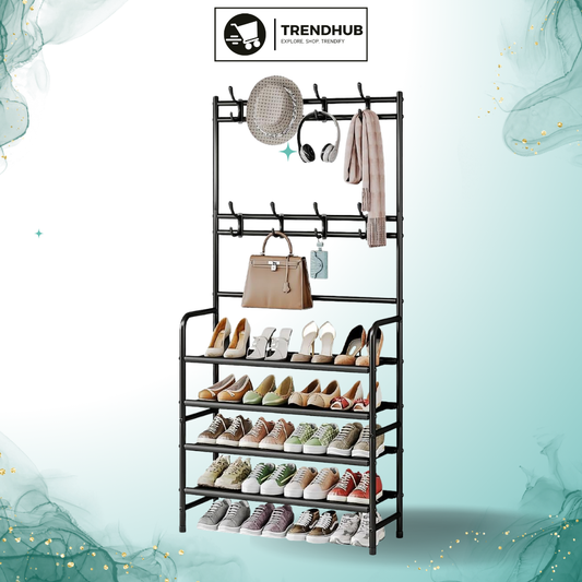 5-Tier Coat and Shoe Rack with Storage Shelf & 8 Hooks – Freestanding Organizer for Entryway & Bedroom