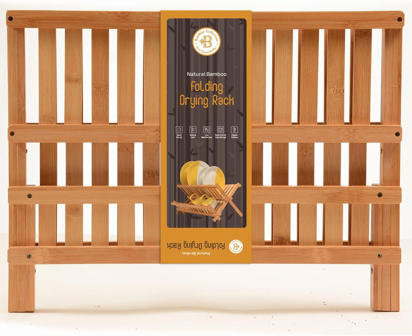 Wooden dish rack with top tier for plates and bottom tier for cups