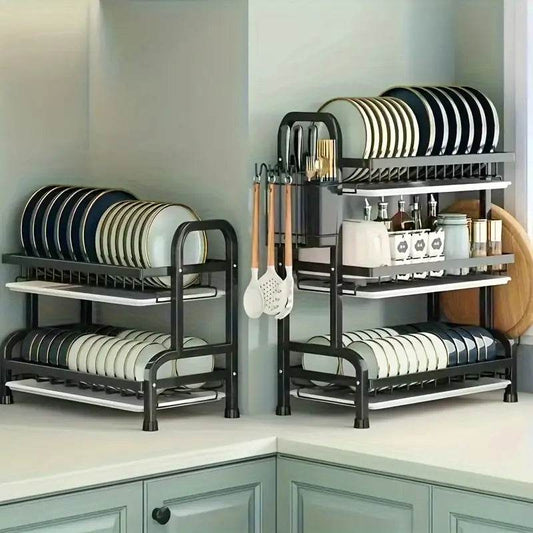 2-Tier & 3-Tier Dish Drying Rack – Large Kitchen Organizer with Holders & Drain Trays - Trendhub Pakistan