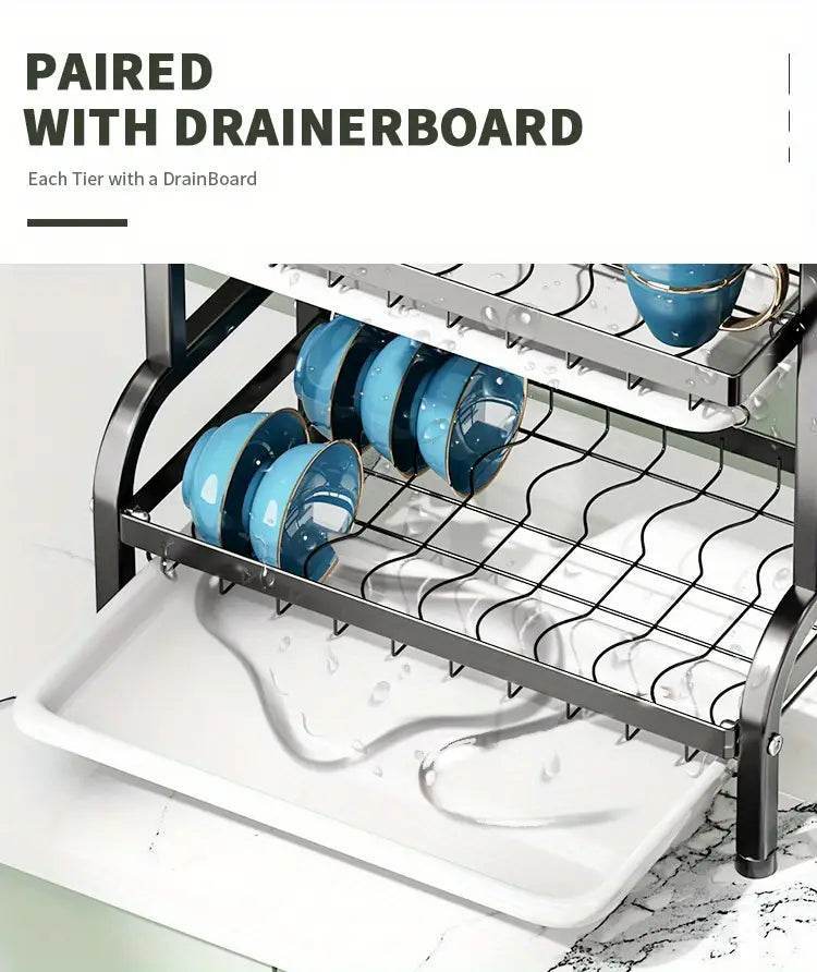 2-Tier & 3-Tier Dish Drying Rack – Large Kitchen Organizer with Holders & Drain Trays - Trendhub Pakistan