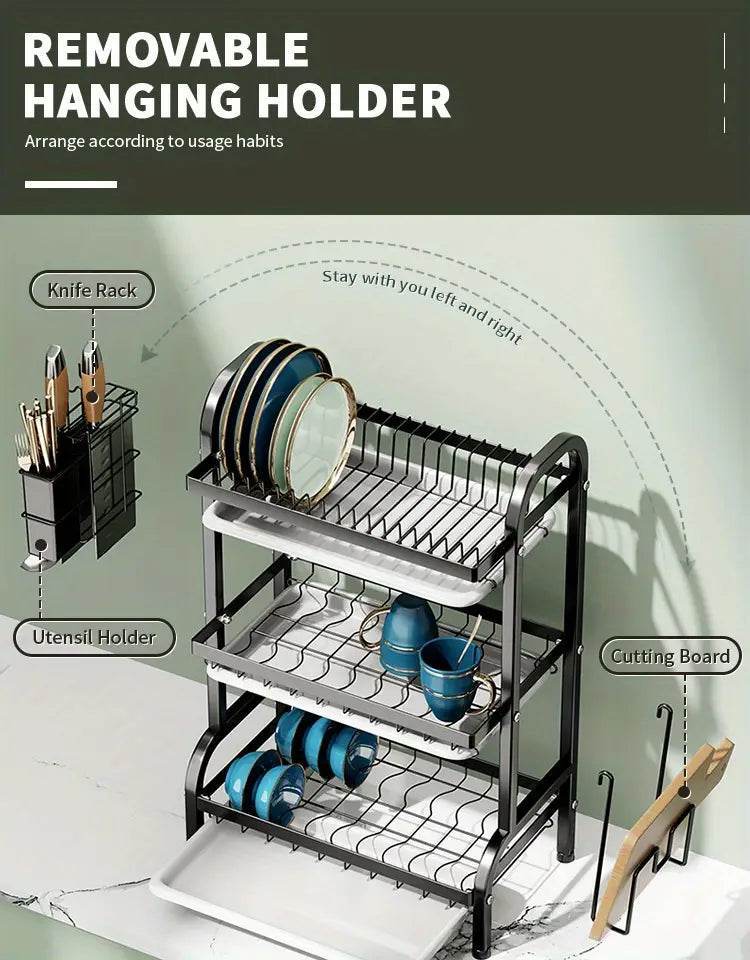 2-Tier & 3-Tier Dish Drying Rack – Large Kitchen Organizer with Holders & Drain Trays - Trendhub Pakistan